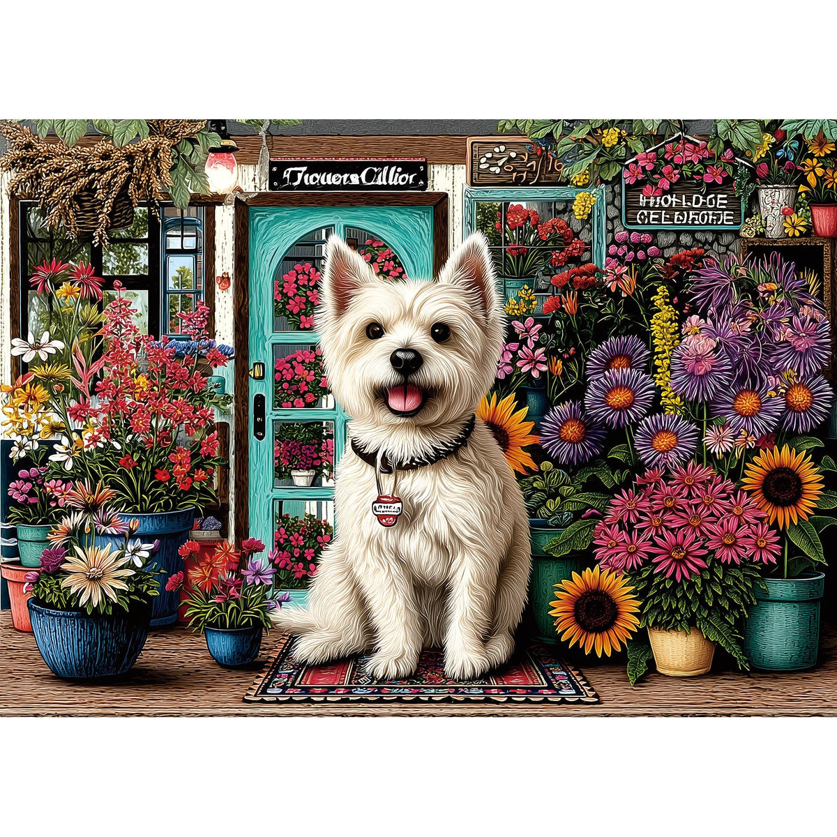 PuzzOne dog flower shop puzzle 1000-piece offers a colorful scene for family game night.