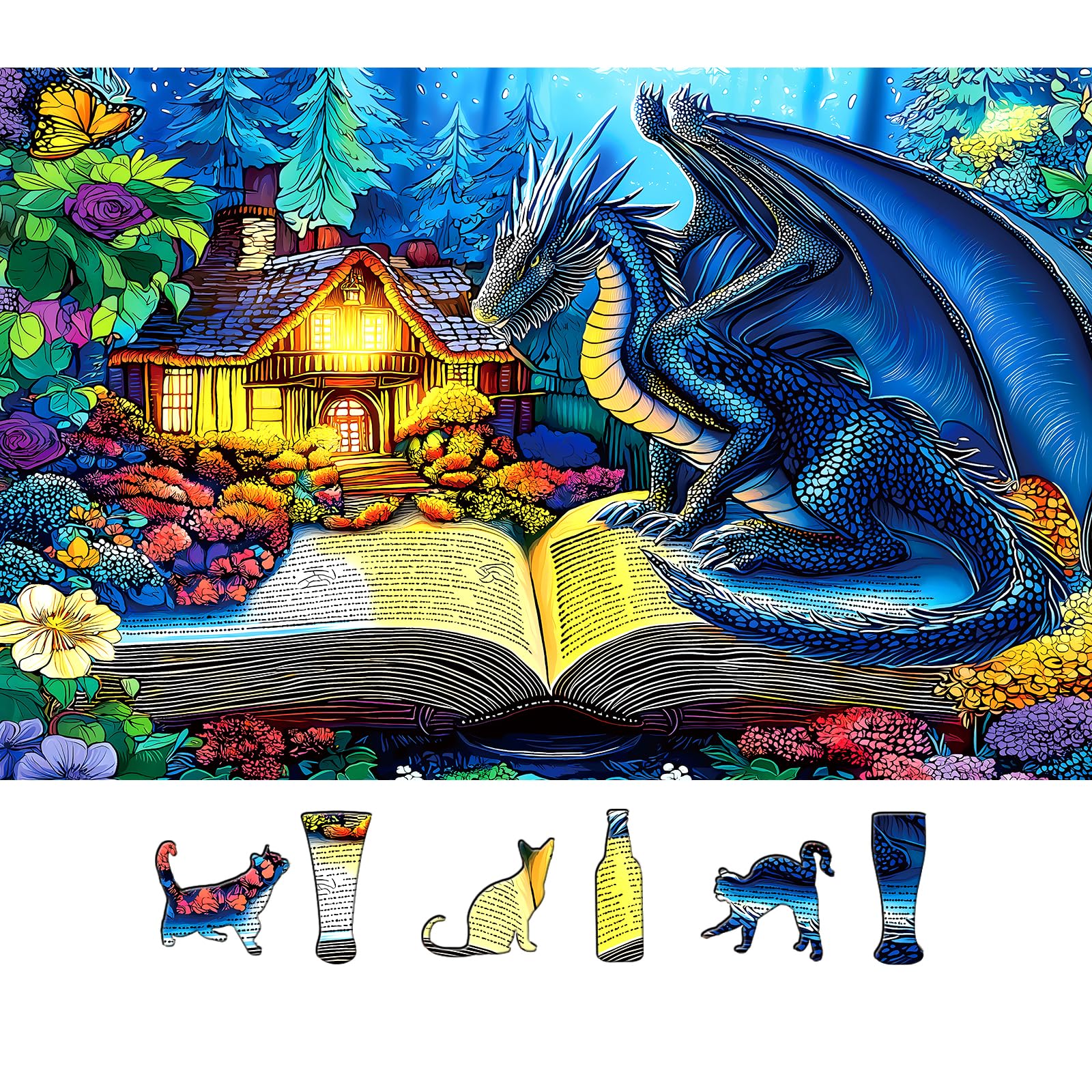 PuzzOne dragon reading spellbook puzzle features a blue dragon and magical forest—great for cozy evenings