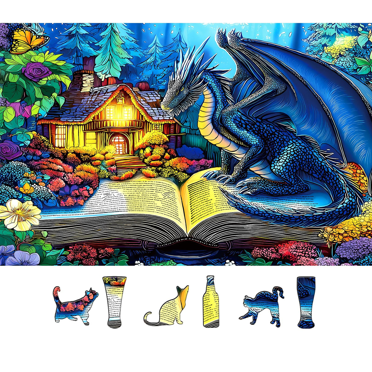 PuzzOne dragon reading spellbook puzzle features a blue dragon and magical forest—great for cozy evenings