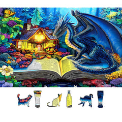 PuzzOne dragon reading spellbook puzzle features a blue dragon and magical forest—great for cozy evenings