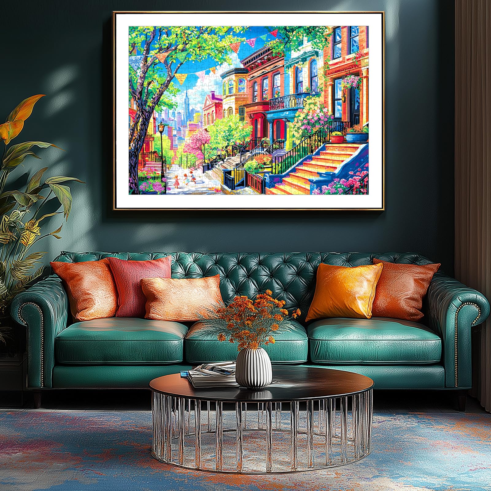 PuzzOne Spring Street finished puzzle size 23x15 inches ready for wall decor.