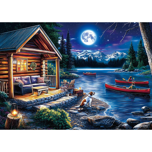 PuzzOne moonlit canoe lake cottage scene ideal for a relaxing puzzle night