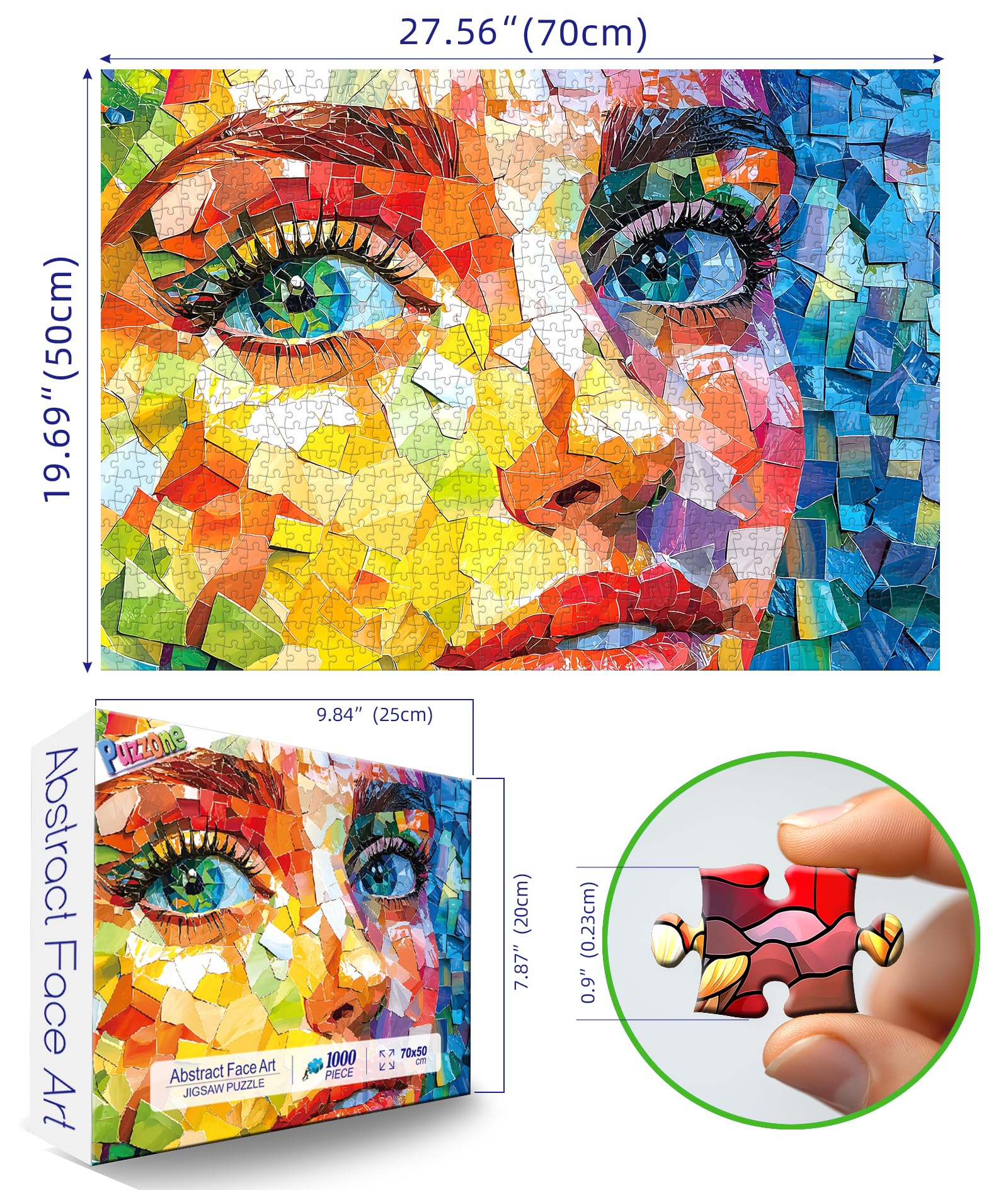 PuzzOne mosaic portrait close-up emphasizing blue eyes and color detail.