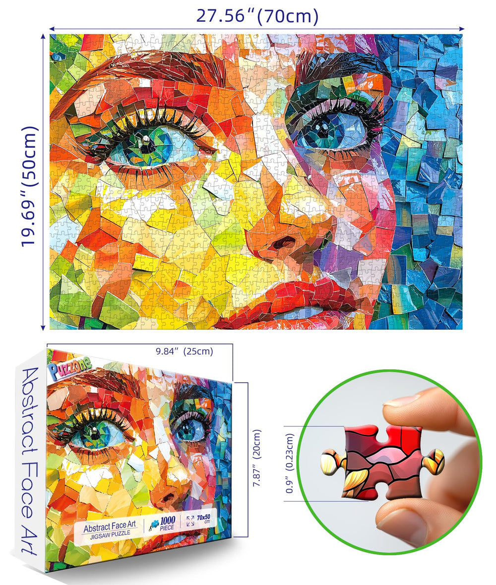 PuzzOne mosaic portrait close-up emphasizing blue eyes and color detail.