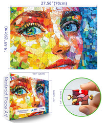 PuzzOne mosaic portrait close-up emphasizing blue eyes and color detail.