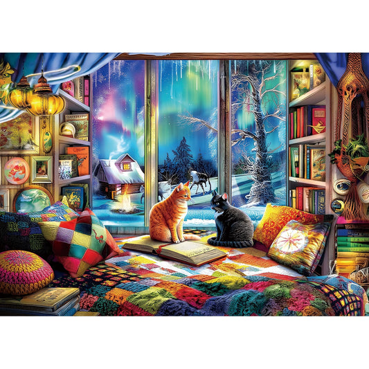 PuzzOne Northern Lights puzzle shows aurora borealis for a calming family night.