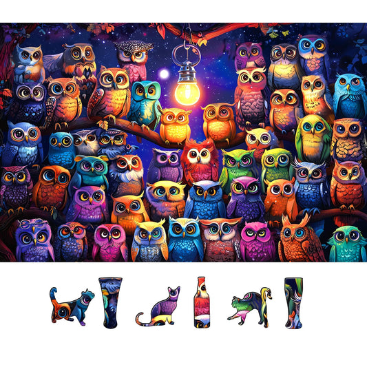 PuzzOne Owl Family 500-piece puzzle with vibrant owls for family game night.
