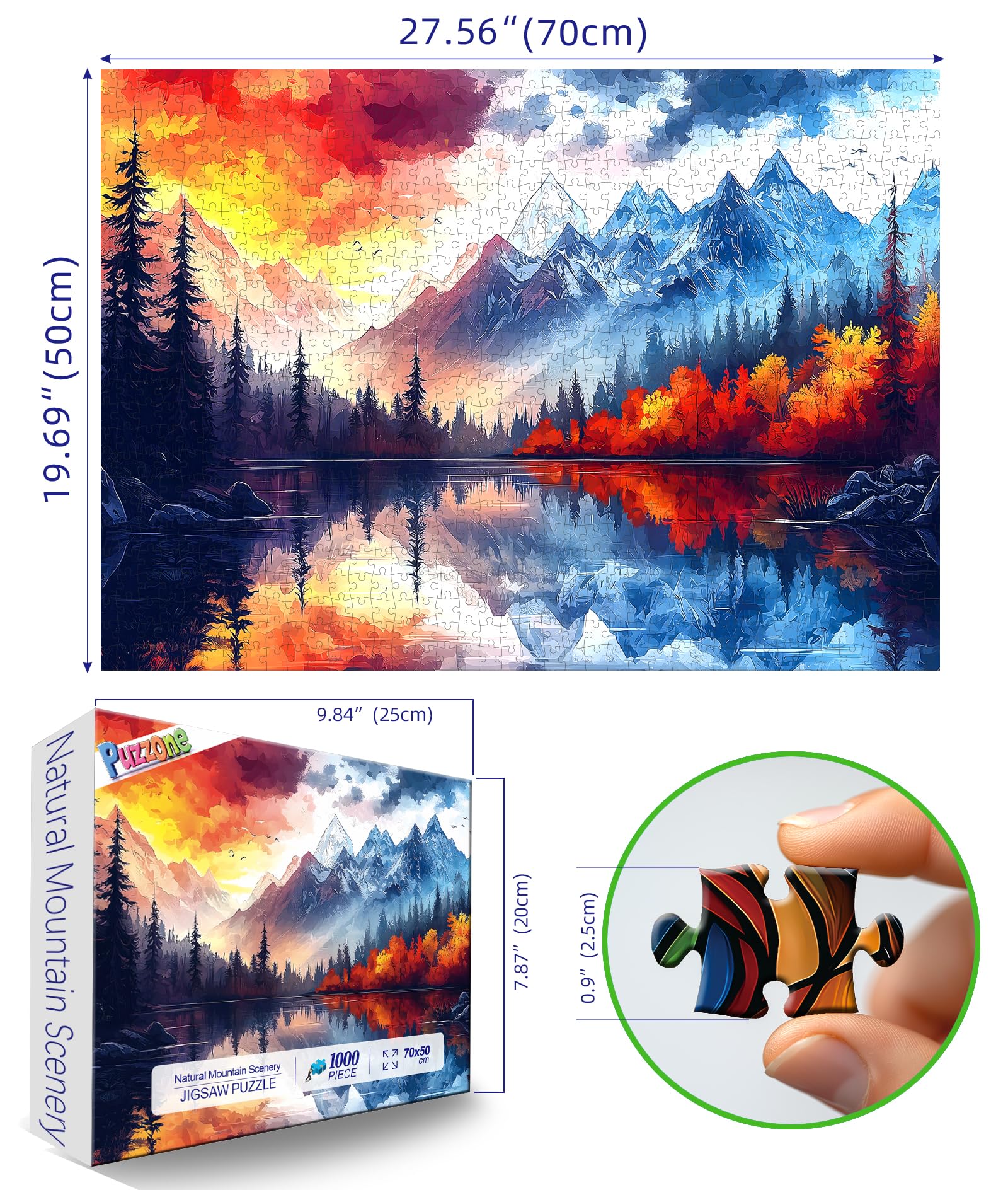 PuzzOne 1000-piece colorful mountain view puzzle for adults, bright visuals inspire focus and relaxation.