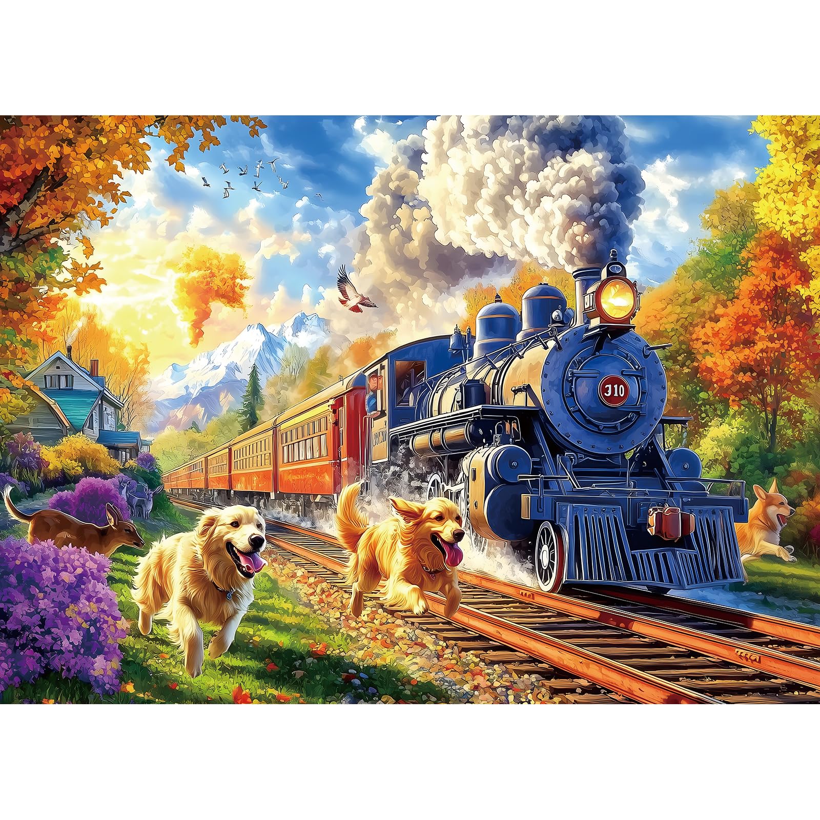 PuzzOne vintage steam train with golden retrievers in autumn landscape promotes mindful relaxation.