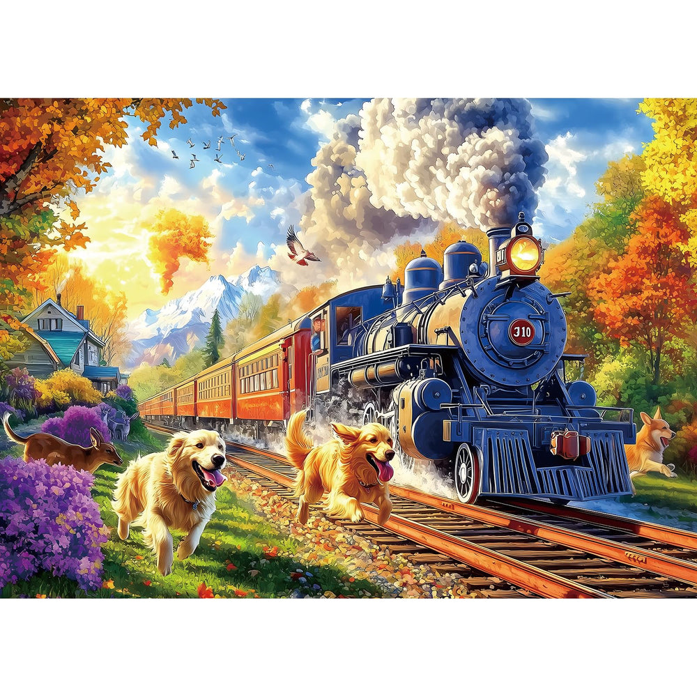 PuzzOne vintage steam train with golden retrievers in autumn landscape promotes mindful relaxation.