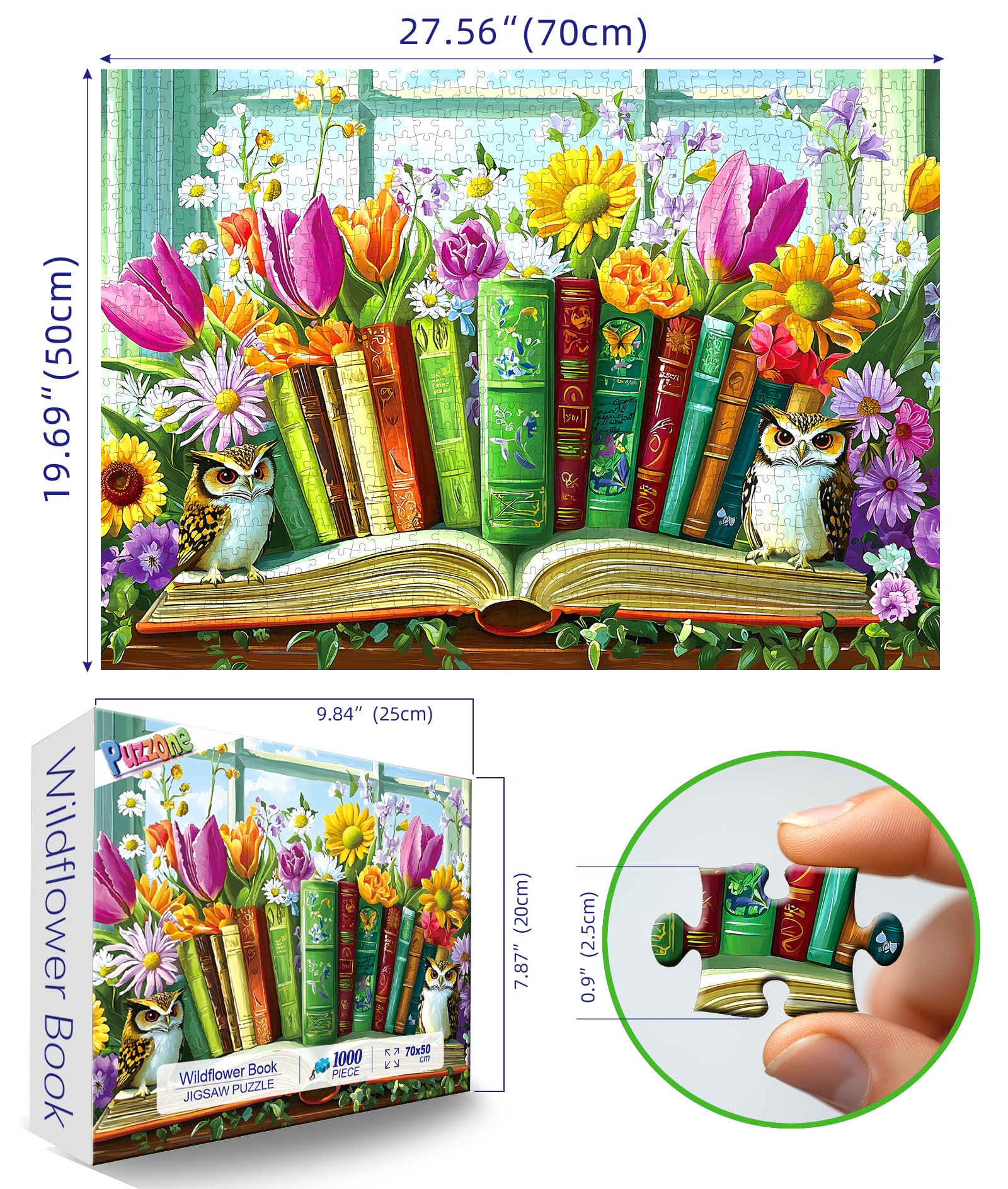 PuzzOne 1000-piece puzzle wall art showing frame-ready dimensions 27.5 x 19.7 in.