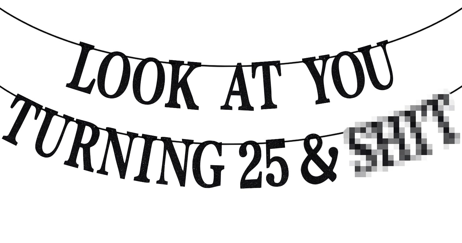 PYBHILK black glitter banner for turning 25 adds sparkle to your celebration.