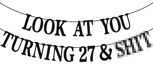 PYBHILK black glitter banner for turning 27 adds instant sparkle to parties.