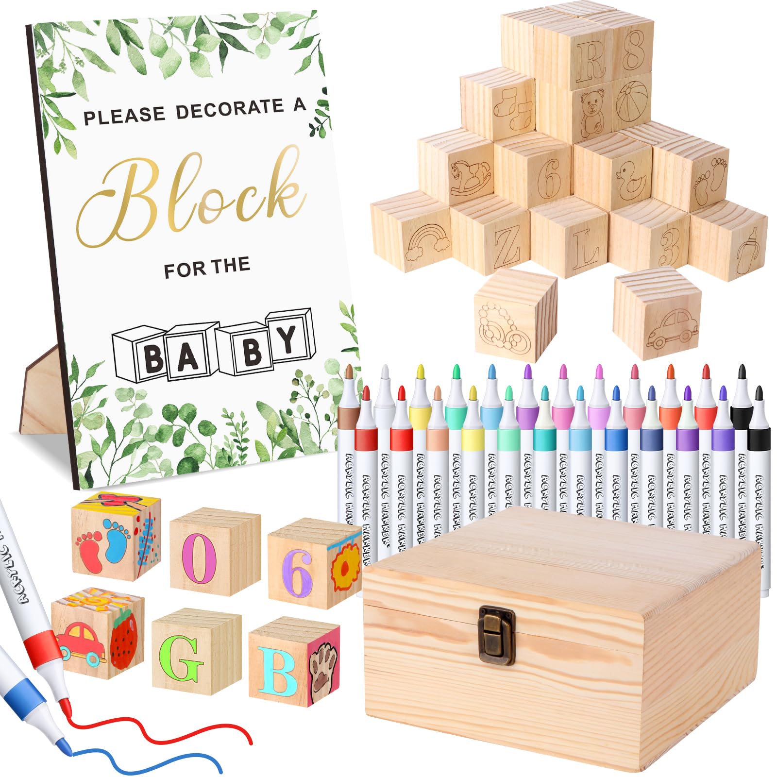 Pydeeirom baby shower blocks set with wooden box ready for DIY keepsakes