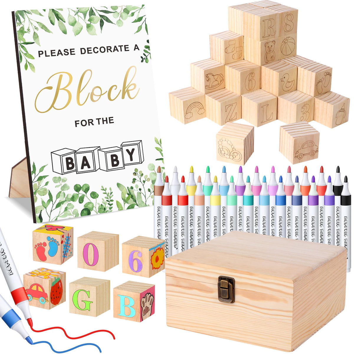 Pydeeirom baby shower blocks set with wooden box ready for DIY keepsakes