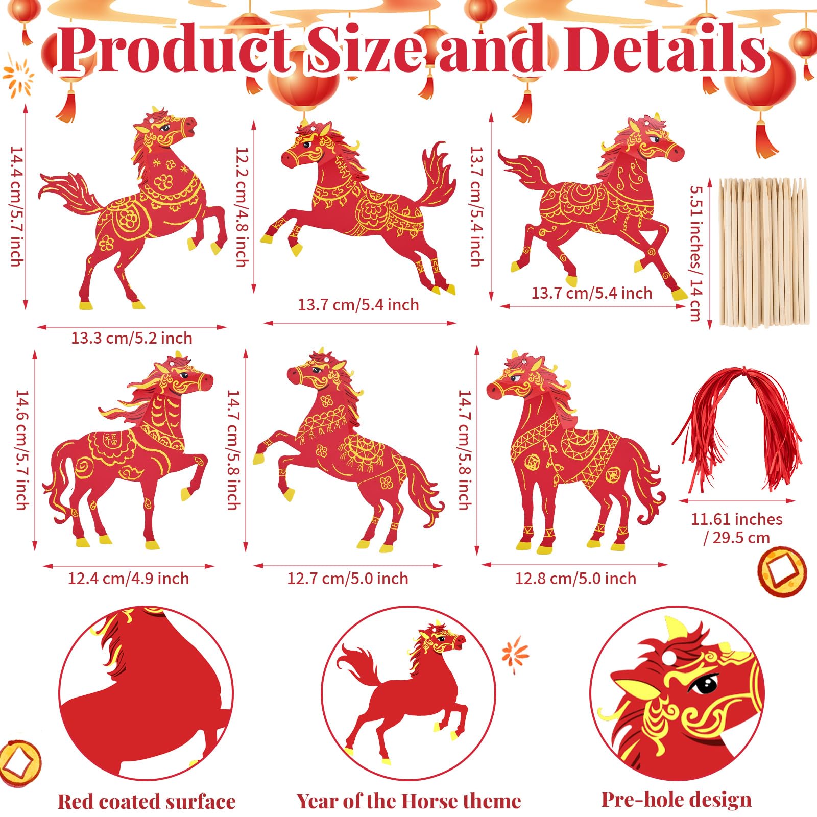 PYURTHITY Lunar horse designs showcase red and gold luck for classroom activities.