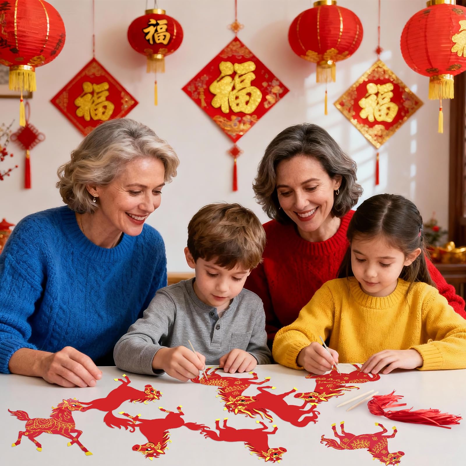 PYURTHITY Red-gold cards become hanging ornaments for windows or doors.