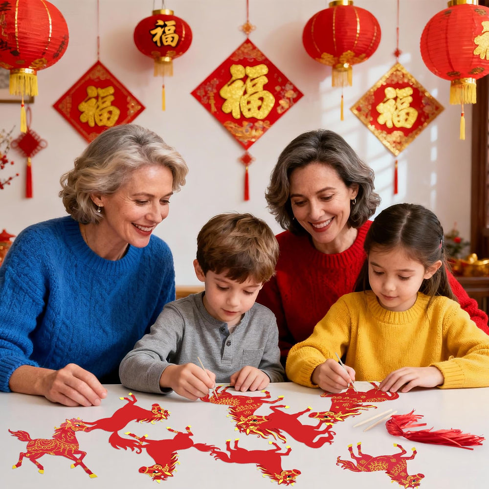 PYURTHITY Red-gold cards become hanging ornaments for windows or doors.