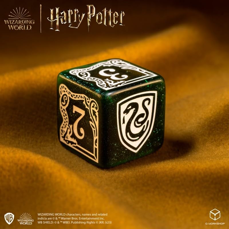 Q Workshop Gryffindor D12 dice with burgundy glow and gold engravings