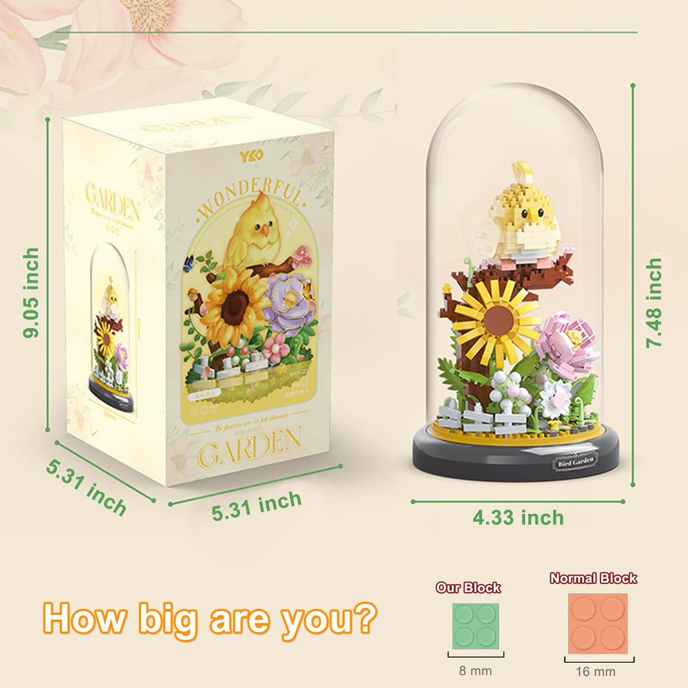QARULUS Parrot Flower Bouquet Building Set – sturdy base with transparent cover for display.