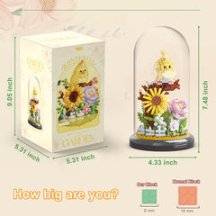 QARULUS Parrot Flower Bouquet Building Set – sturdy base with transparent cover for display.