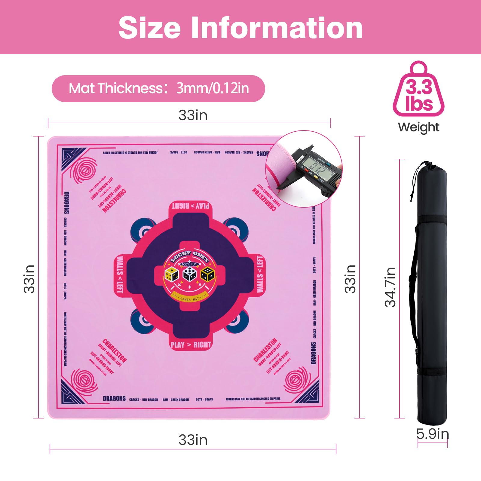 QAZWQAZ Mahjong Mat with Rules Pink – includes three dice for play