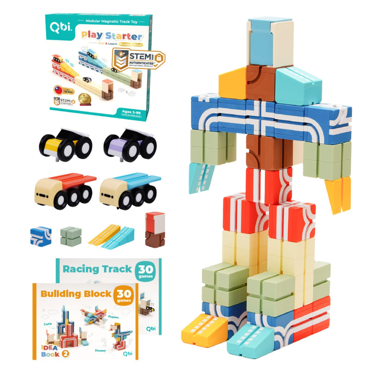 QBI Magnetic Blocks Play Starter Set setup showing a colorful build for imaginative STEM play