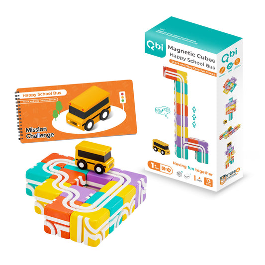 QBI school bus on track offering engaging motor play with smooth glide.