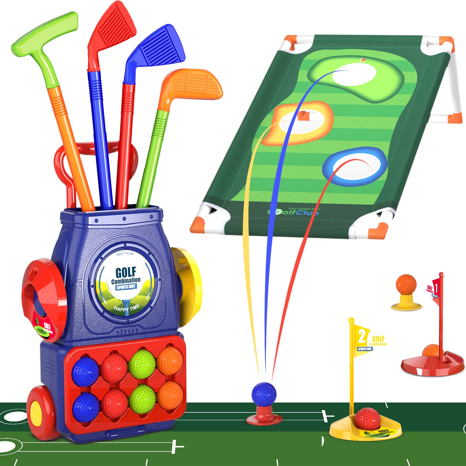 QDRAGON Kids Golf Set blue rolling cart with wheels for easy transport.