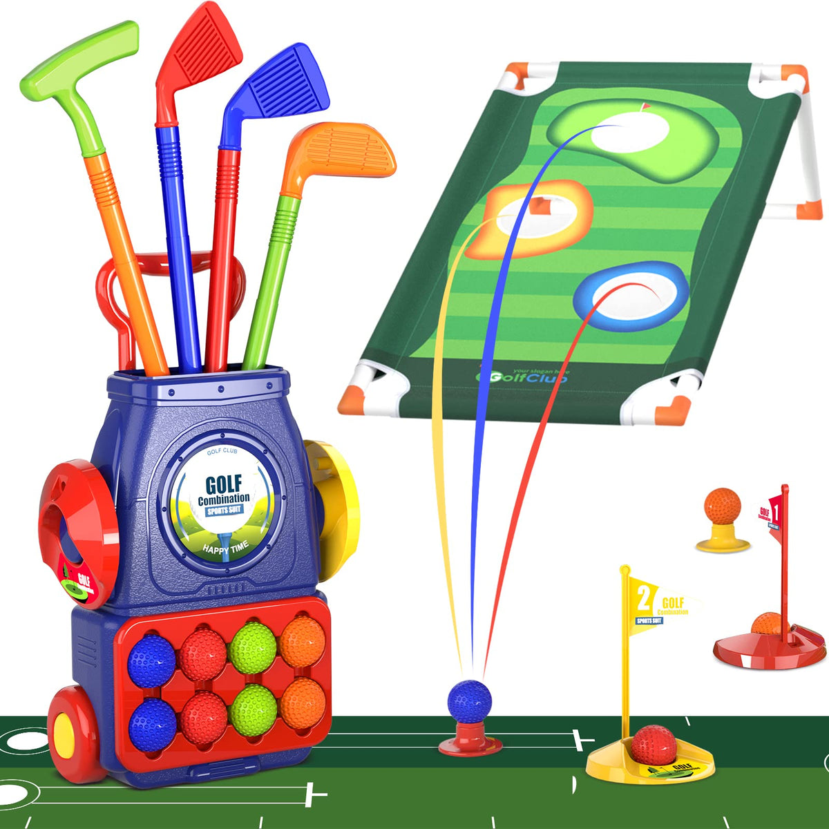 QDRAGON Kids Golf Set blue rolling cart with wheels for easy transport.