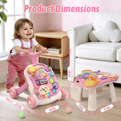 QDRAGON pink walker front view showing detachable activity table for hands-on learning.
