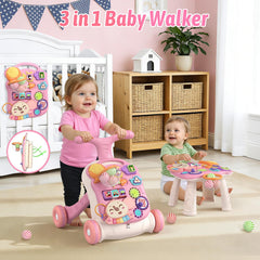 QDRAGON pink walker table area with turning cube promotes problem-solving skills.