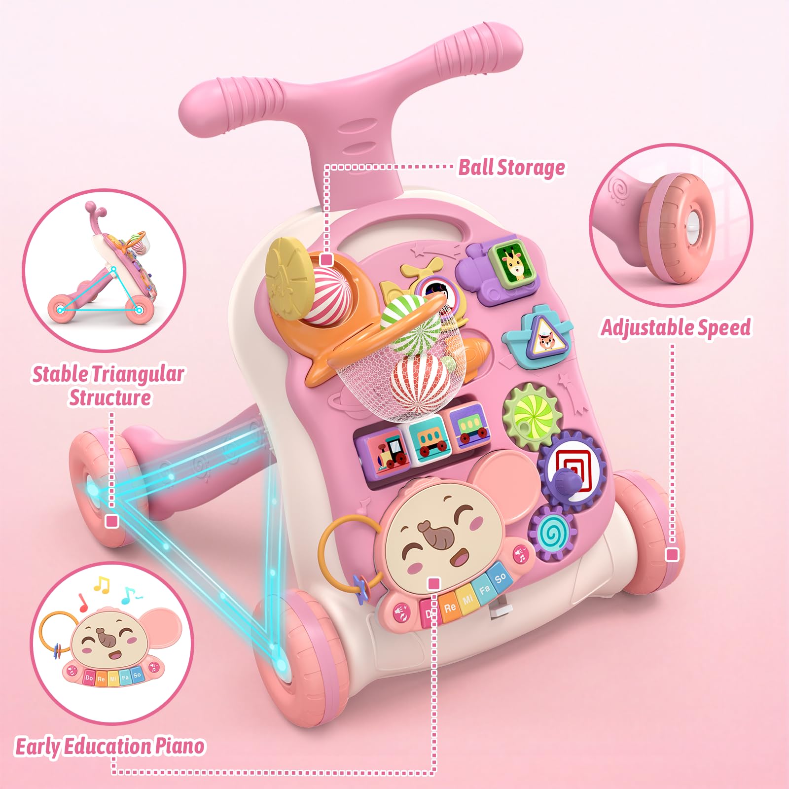 QDRAGON pink walker supports easy transition from sitting to walking.