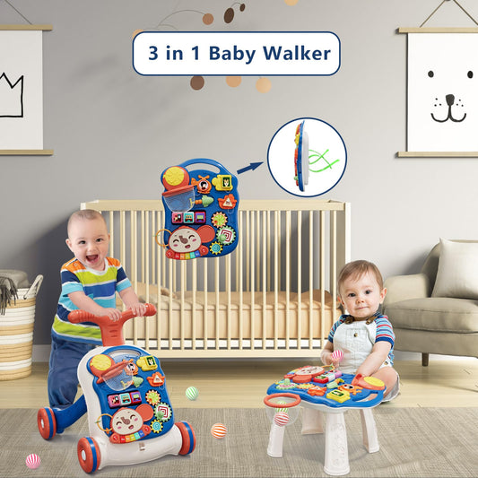 QDRAGON 3-in-1 walker blue push handle feature encourages confident standing