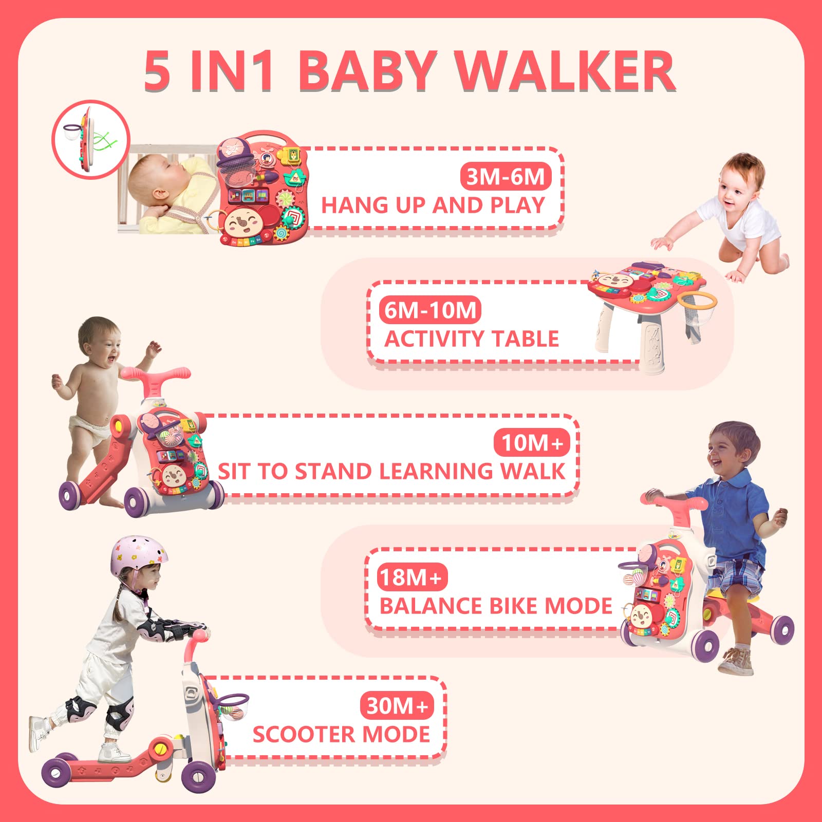 QDRAGON 5-in-1 Walker scooter mode red promotes balance through confident pushing.