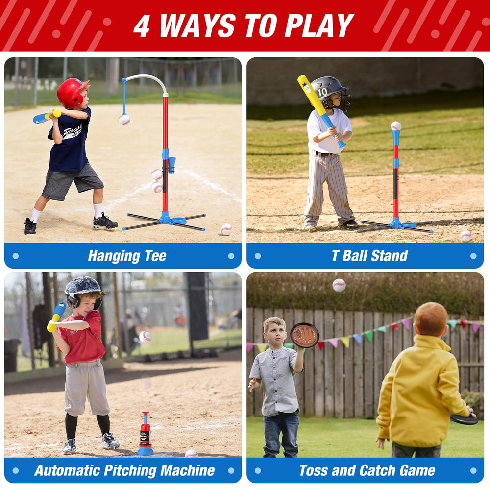 Adjustable hanging tee and t-ball stand support growing players with varied heights.