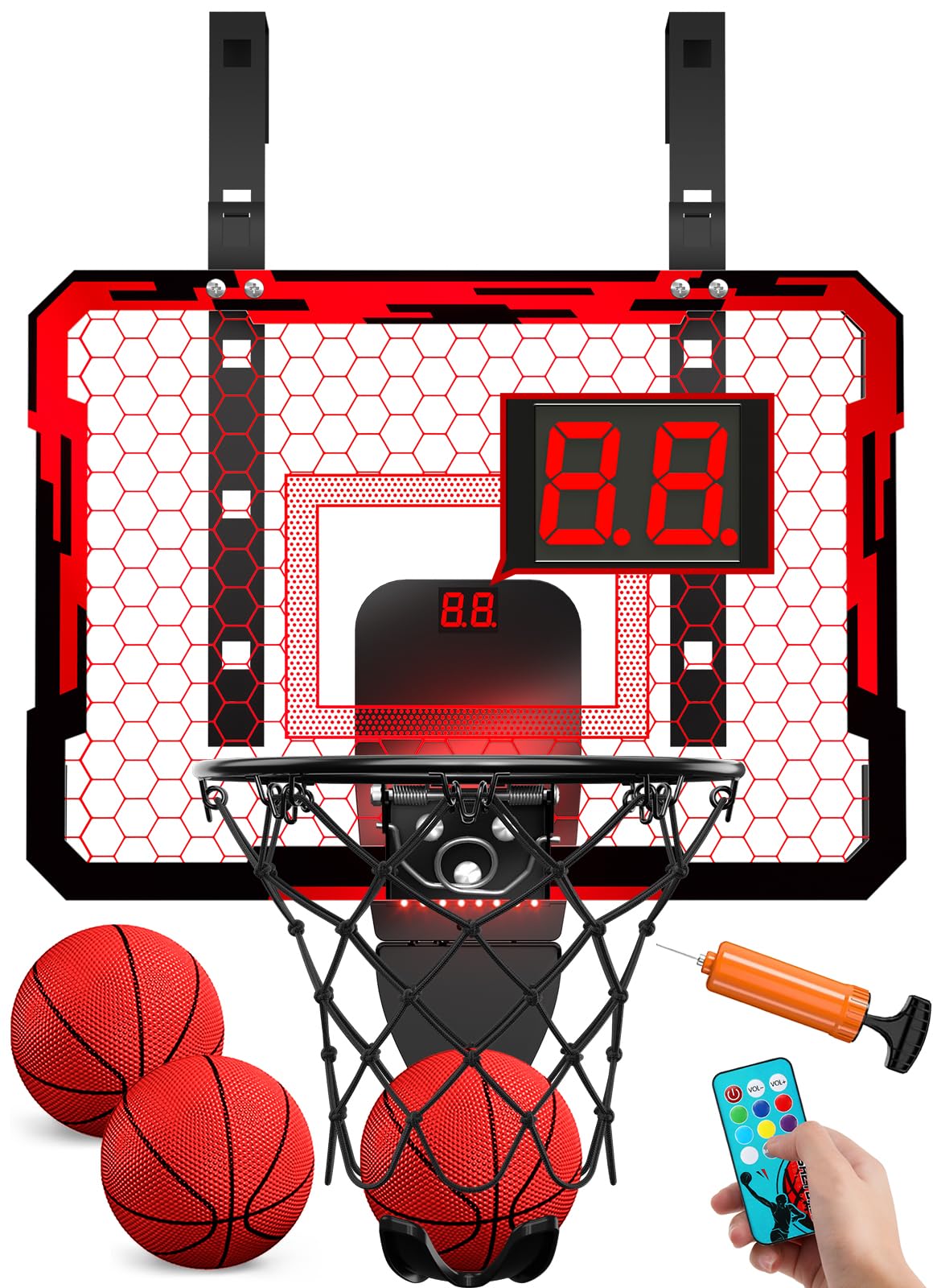 QDRAGON indoor basketball hoop with 7-color LED lights for engaging play.