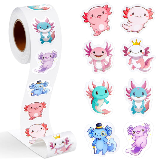 Qeeenar axolotl stickers roll with watercolor designs for versatile party decor and rewards.