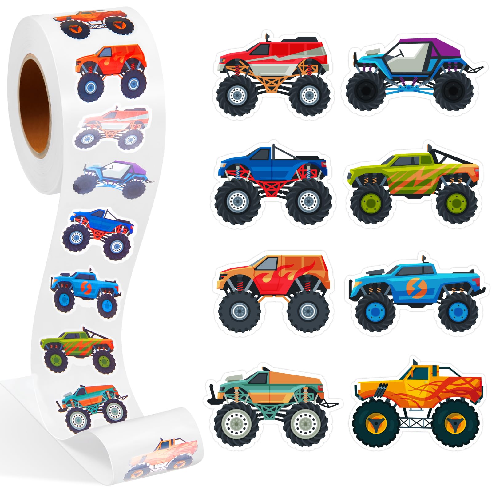 Qeeenar Monster Truck Stickers Roll packaging—perfect party favors and easy to store