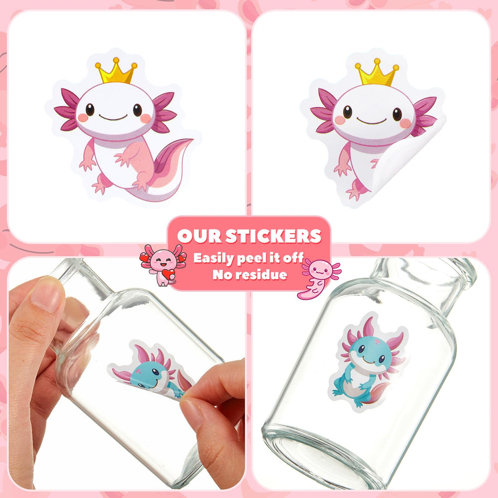 Easy-peel axolotl stickers stay firmly attached to notebooks and gadgets.