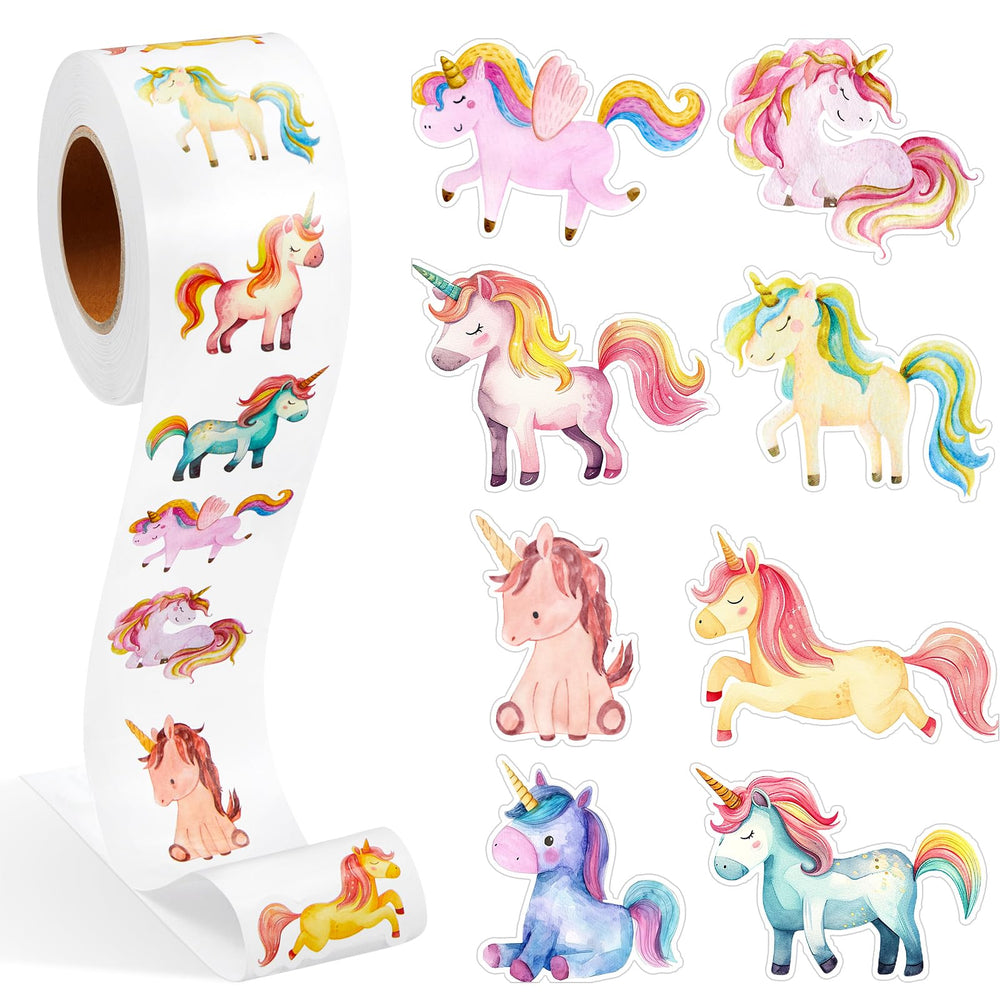 Qeeenar unicorn stickers roll with watercolor designs, ideal for classroom rewards.