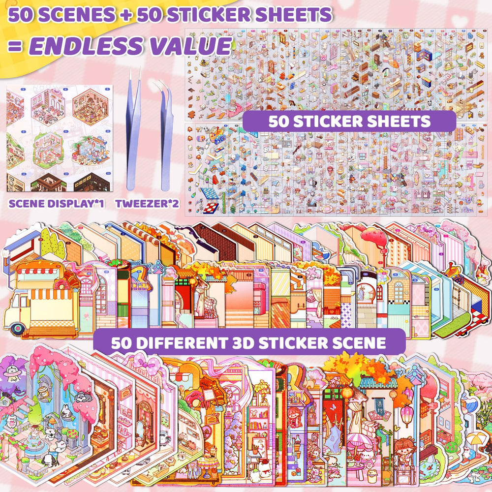 QEF 100 Pcs Cute Kawaii Stickers close-up—vivid designs for playful scenes.
