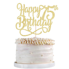 Qertesl gold glitter 75th anniversary topper elevates elegant centerpieces.