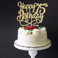 Qertesl gold glitter 75th birthday cake topper adds festive sparkle to the cake.