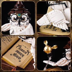 QFJ owl wearing wizard hat and glasses adds whimsy to display.