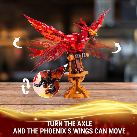 QFJ Moc Fire Phoenix shows wing-flap action for dynamic shelf display