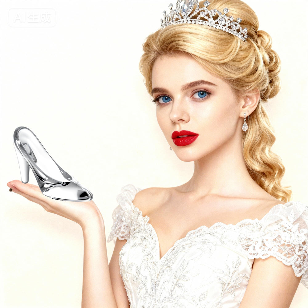 QFkris Cinderella glass slipper on a shelf elevates a bedroom vignette.
