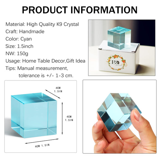 QFkris K9 cyan prism cube closeup showcases flawless clarity for photography props.