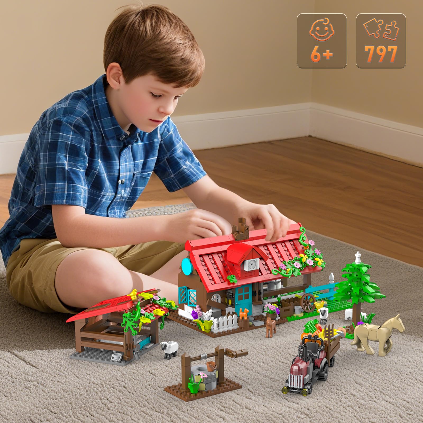 QHECTTY Farm House Building Set Flowers and Plants – adds whimsy and color to builds.