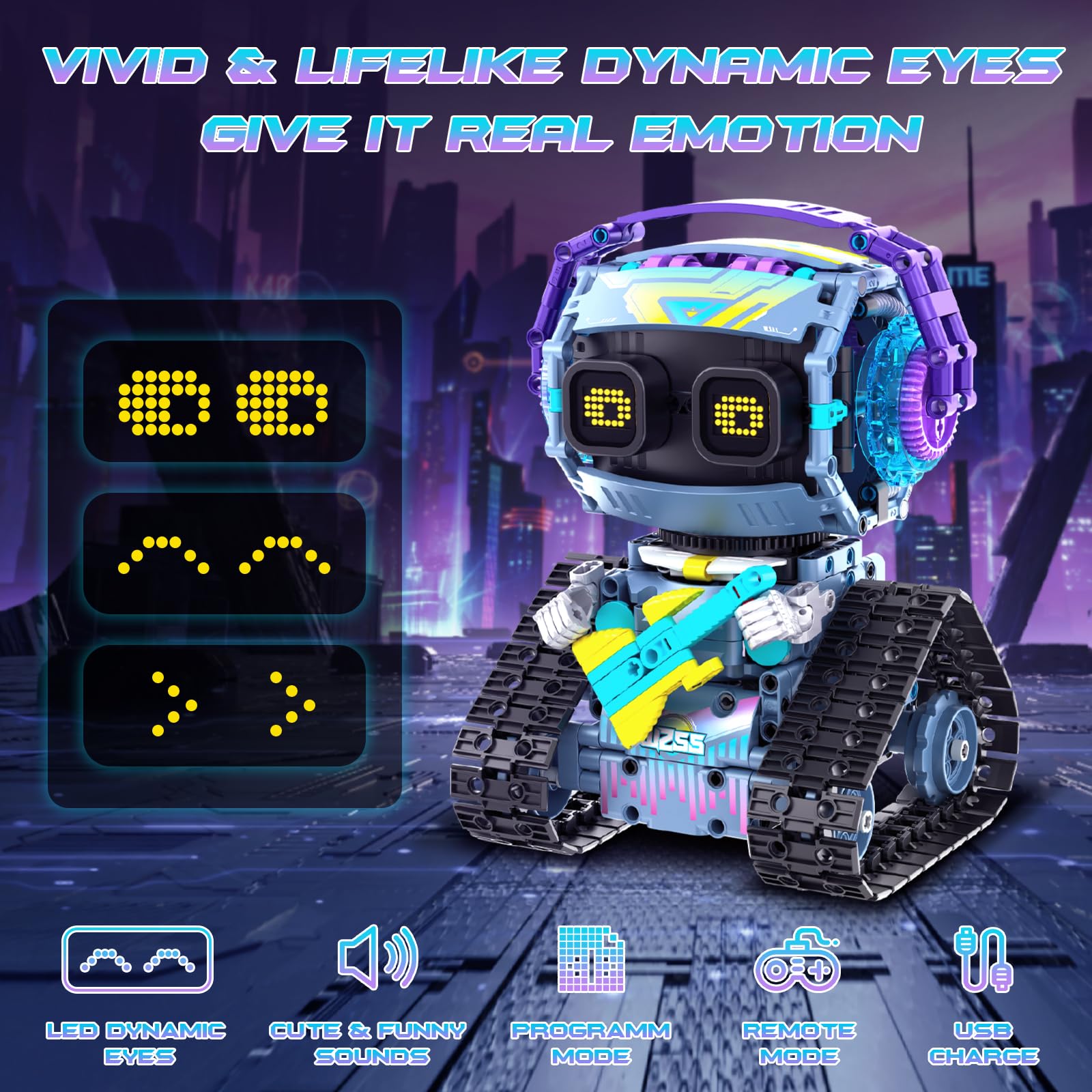QHECTTY LED dynamic eyes respond to remote commands for interactive play.